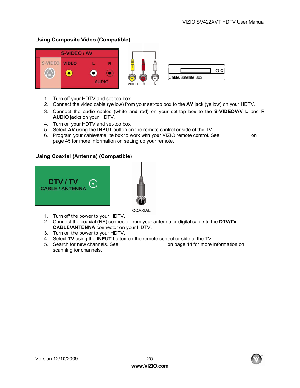 Using composite video (compatible), Using coaxial (antenna) (compatible) | Vizio SV422XVT User Manual | Page 25 / 70
