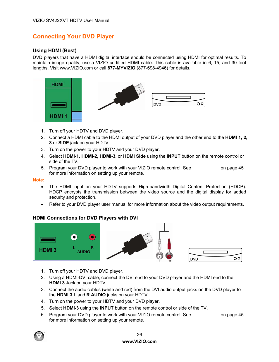 Connecting your dvd player, Using hdmi (best), Hdmi connections for dvd players with dvi | Vizio SV422XVT User Manual | Page 26 / 70