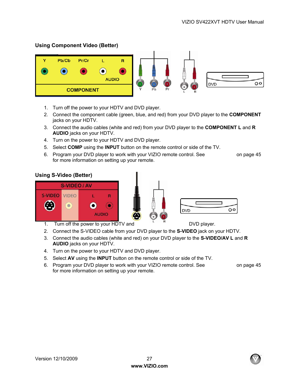 Using component video (better), Using s-video (better) | Vizio SV422XVT User Manual | Page 27 / 70