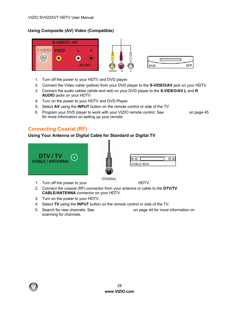Using composite (av) video (compatible), Connecting coaxial (rf) | Vizio SV422XVT User Manual | Page 28 / 70