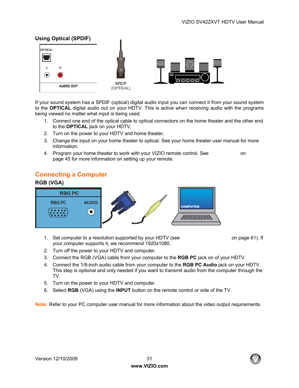 Using optical (spdif), Connecting a computer, Rgb (vga) | Vizio SV422XVT User Manual | Page 31 / 70