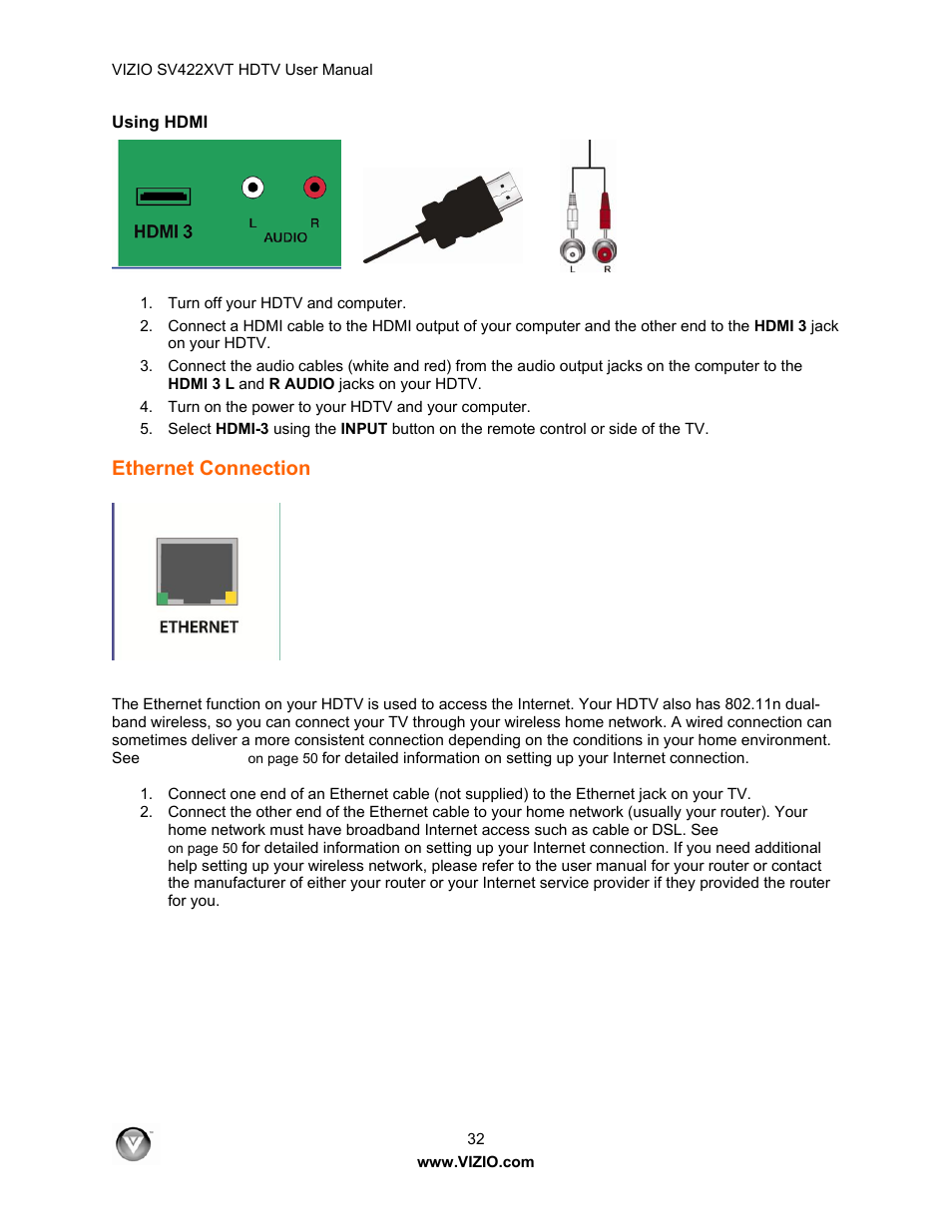 Using hdmi, Ethernet connection | Vizio SV422XVT User Manual | Page 32 / 70