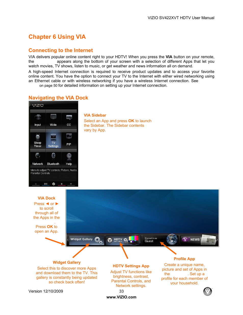 Chapter 6 using via, Connecting to the internet, Navigating the via dock | Vizio SV422XVT User Manual | Page 33 / 70