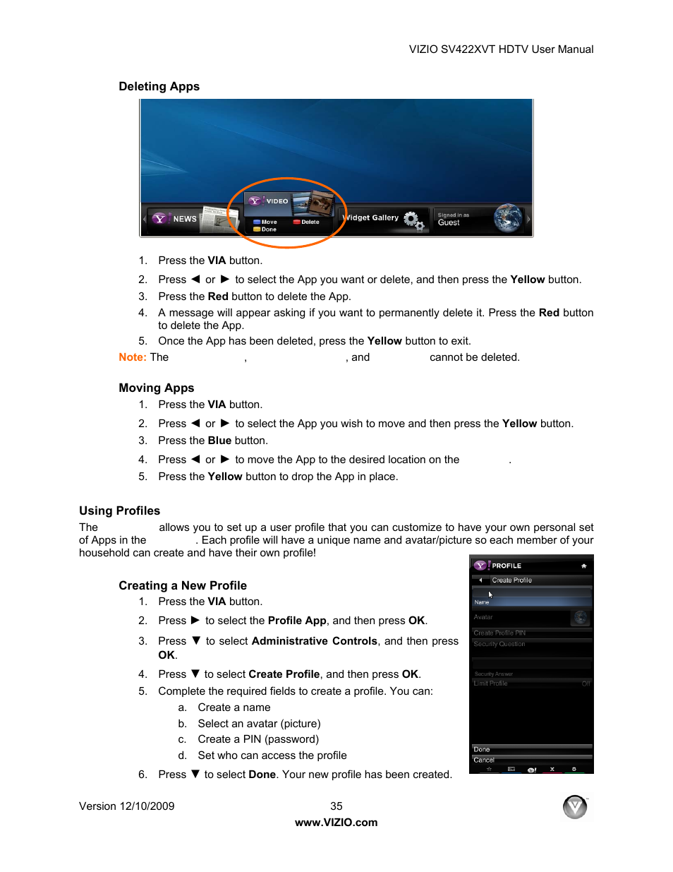 Deleting apps, Moving apps, Using profiles | Creating a new profile | Vizio SV422XVT User Manual | Page 35 / 70