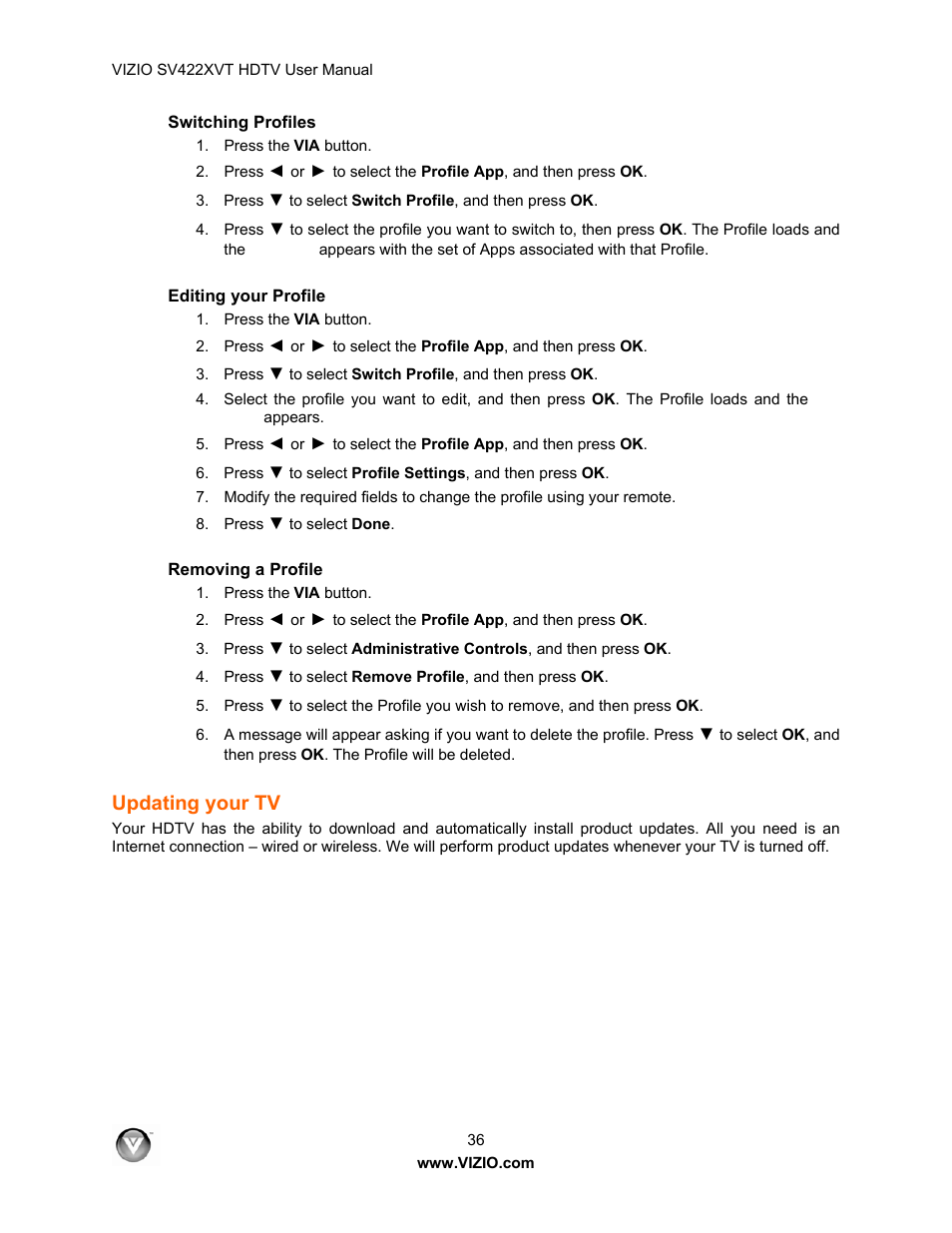 Switching profiles, Editing your profile, Removing a profile | Updating your tv | Vizio SV422XVT User Manual | Page 36 / 70