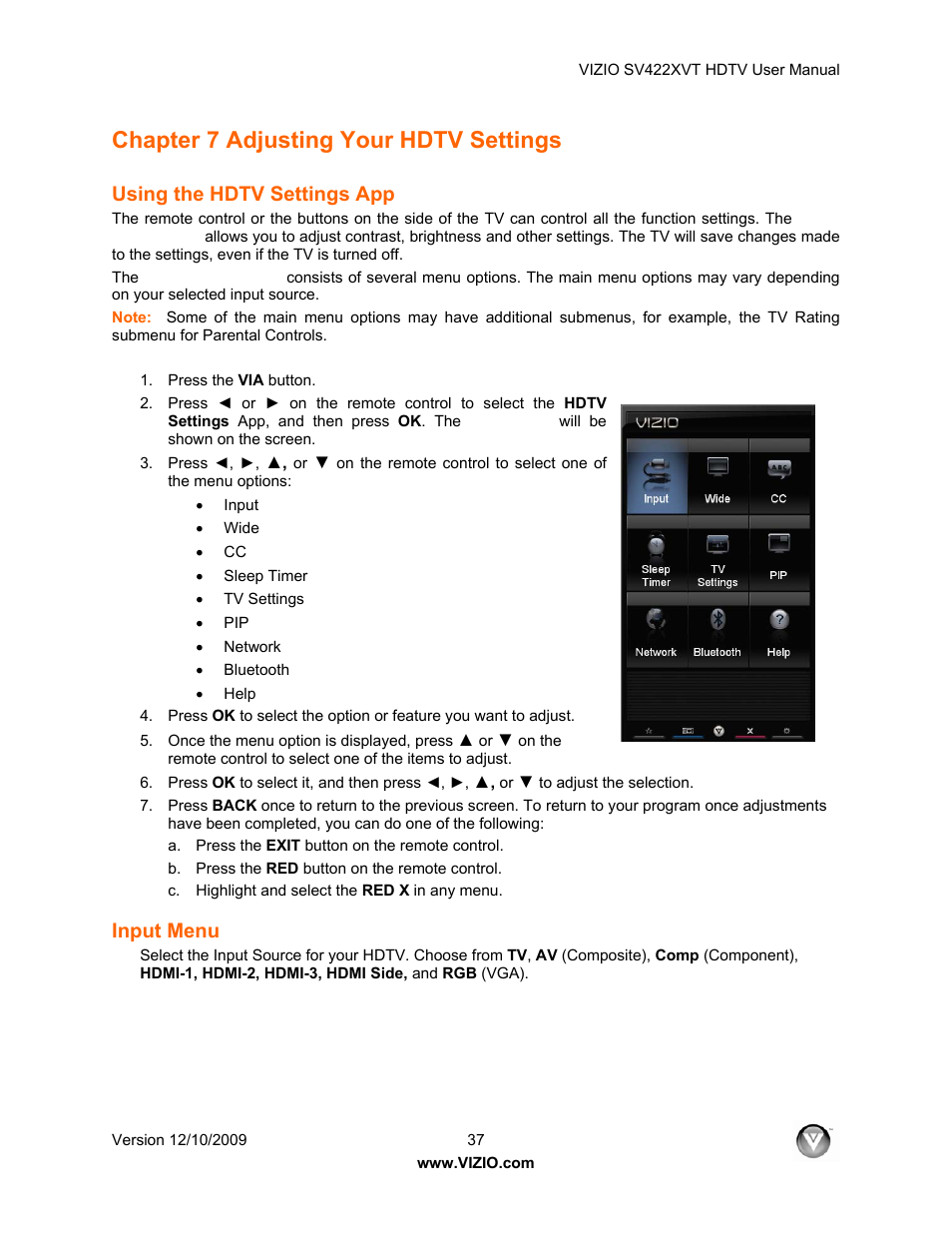 Chapter 7 adjusting your hdtv settings, Using the hdtv settings app, Input menu | Vizio SV422XVT User Manual | Page 37 / 70
