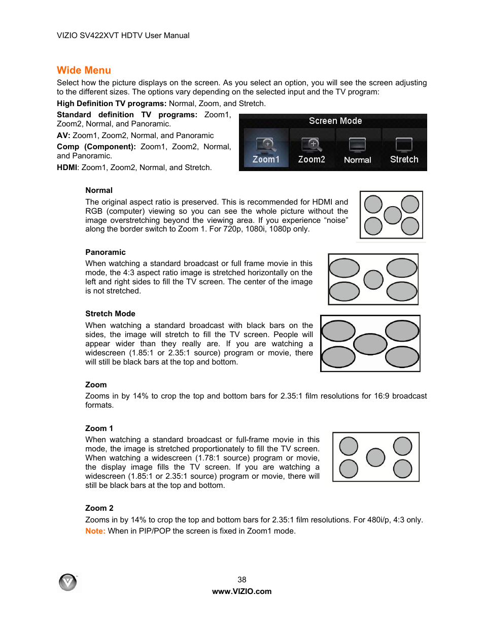 Wide menu | Vizio SV422XVT User Manual | Page 38 / 70
