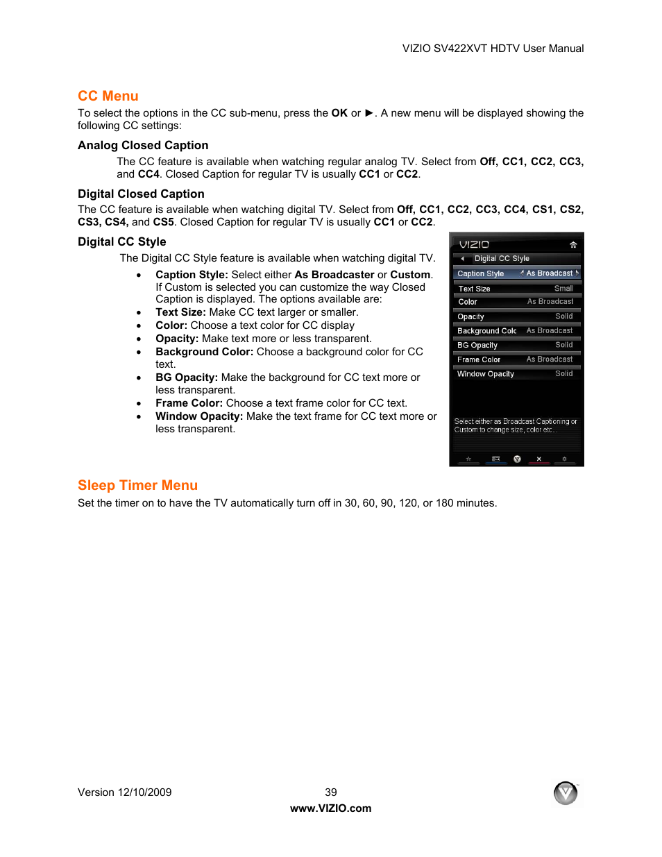 Cc menu, Analog closed caption, Digital closed caption | Digital cc style, Sleep timer menu | Vizio SV422XVT User Manual | Page 39 / 70