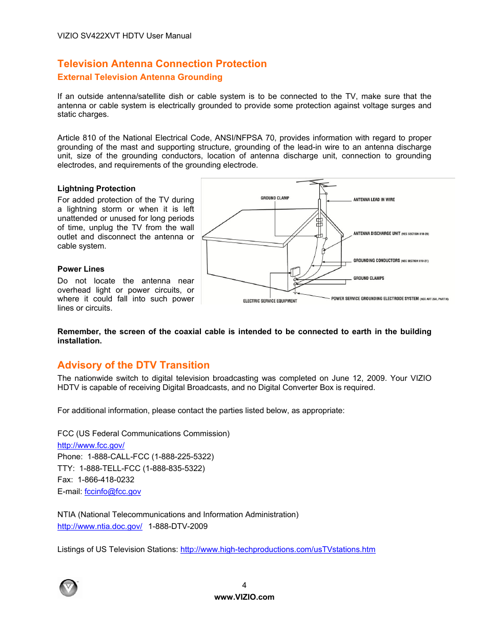 Television antenna connection protection, Advisory of the dtv transition | Vizio SV422XVT User Manual | Page 4 / 70