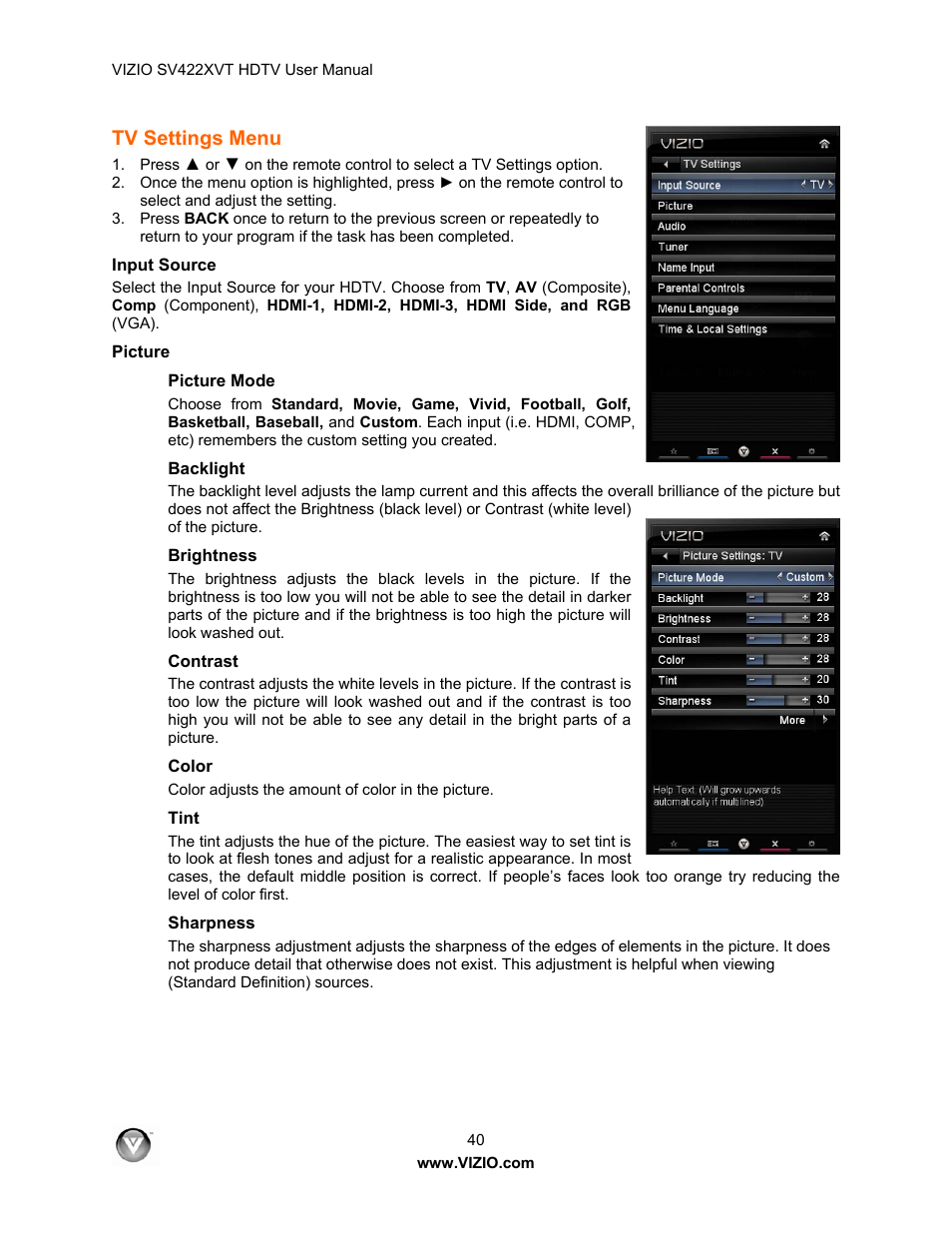 Tv settings menu, Input source, Picture | Picture mode, Backlight, Brightness, Contrast, Color, Tint, Sharpness | Vizio SV422XVT User Manual | Page 40 / 70