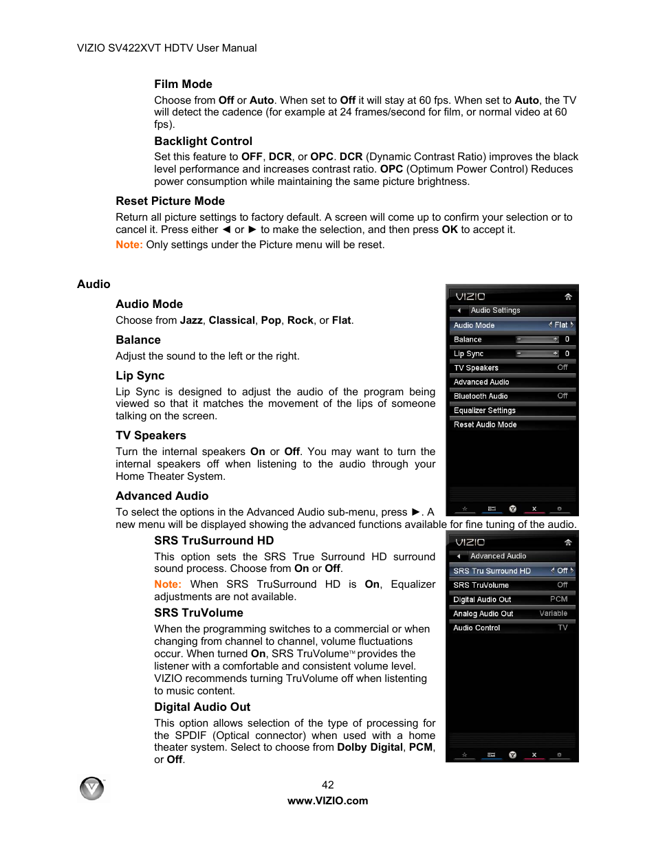 Reset picture mode, Audio, Audio mode | Balance, Lip sync, Tv speakers, Advanced audio | Vizio SV422XVT User Manual | Page 42 / 70