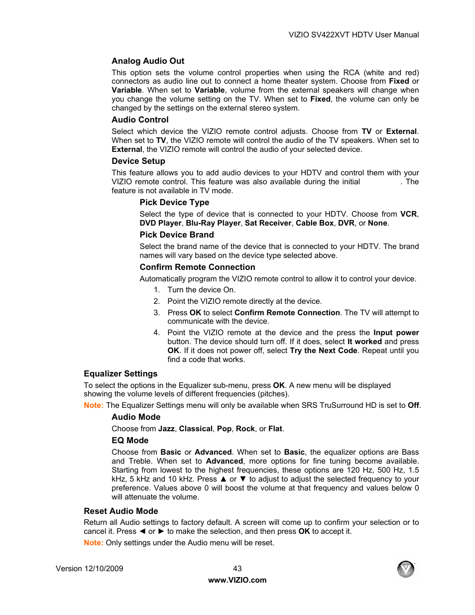 Pick device type, Pick device brand, Confirm remote connection | Equalizer settings, Reset audio mode | Vizio SV422XVT User Manual | Page 43 / 70