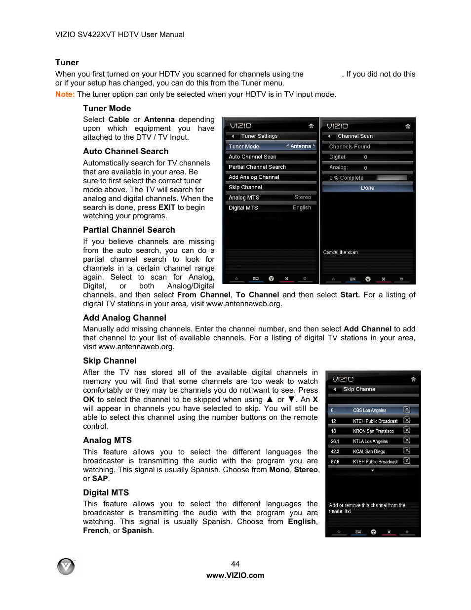 Tuner, Tuner mode, Auto channel search | Partial channel search, Add analog channel, Skip channel, Analog mts, Digital mts | Vizio SV422XVT User Manual | Page 44 / 70