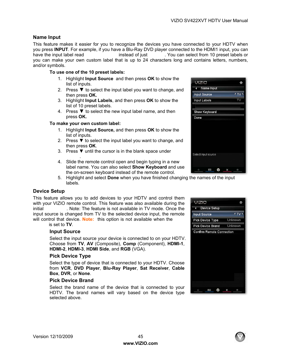 Name input, Device setup, Input source | Pick device type, Pick device brand, Device setup on, With your vizio remote control. see device setup, E 45 | Vizio SV422XVT User Manual | Page 45 / 70