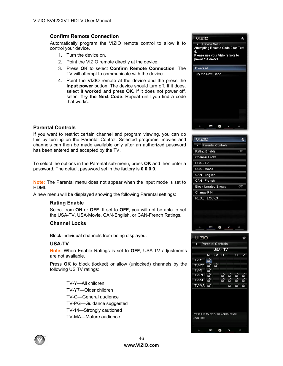 Confirm remote connection, Parental controls, Rating enable | Channel locks, Usa-tv | Vizio SV422XVT User Manual | Page 46 / 70