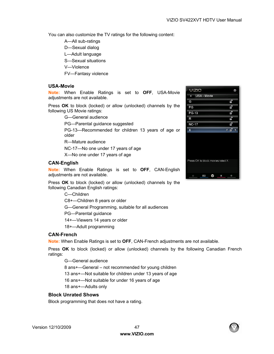 Usa-movie, Can-english, Can-french | Block unrated shows | Vizio SV422XVT User Manual | Page 47 / 70