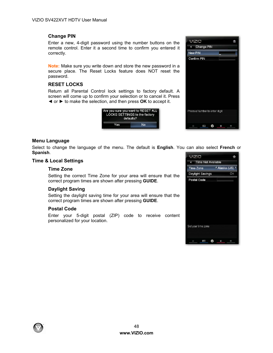 Change pin, Reset locks, Menu language | Time & local settings, Time zone, Daylight saving, Postal code | Vizio SV422XVT User Manual | Page 48 / 70