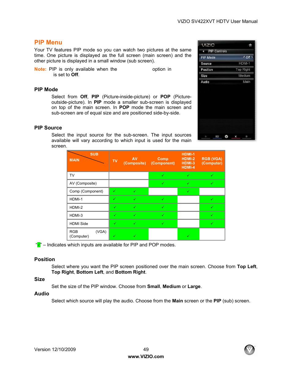 Pip menu, Pip mode, Pip source | Position, Size, Audio | Vizio SV422XVT User Manual | Page 49 / 70