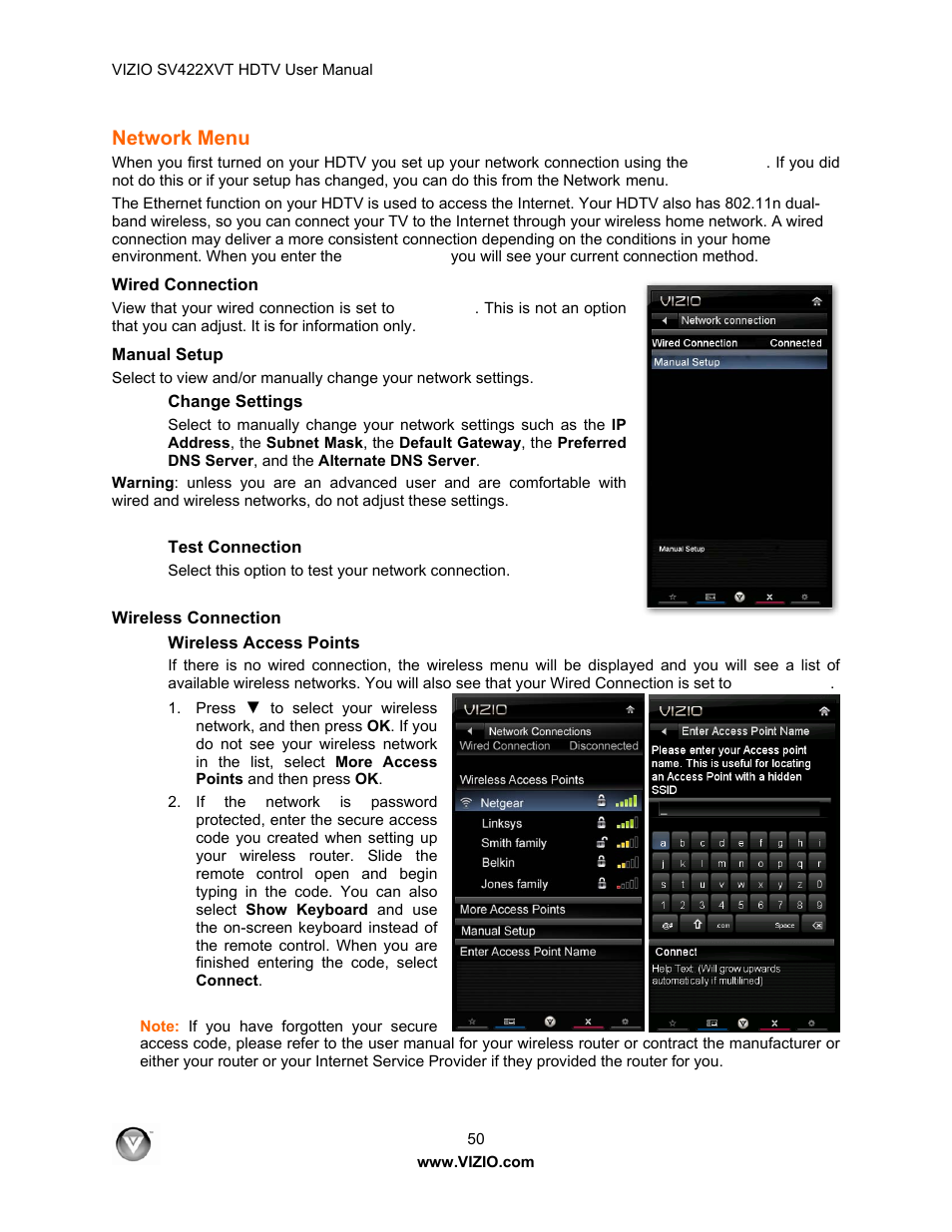 Network menu, Wired connection, Manual setup | Change settings, Test connection, Wireless connection, Wireless access points, See network menu, On pag | Vizio SV422XVT User Manual | Page 50 / 70