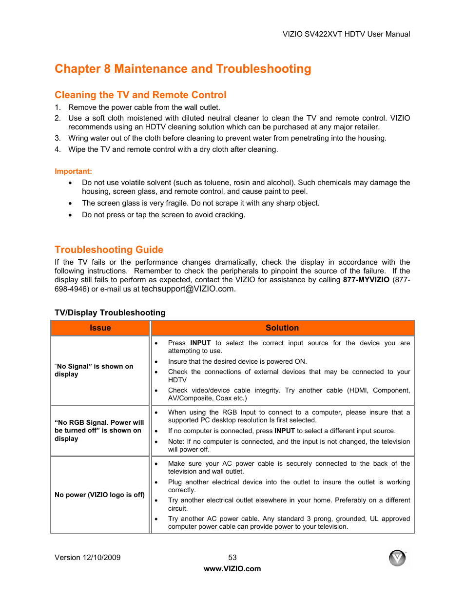 Chapter 8 maintenance and troubleshooting, Cleaning the tv and remote control, Troubleshooting guide | Tv/display troubleshooting | Vizio SV422XVT User Manual | Page 53 / 70