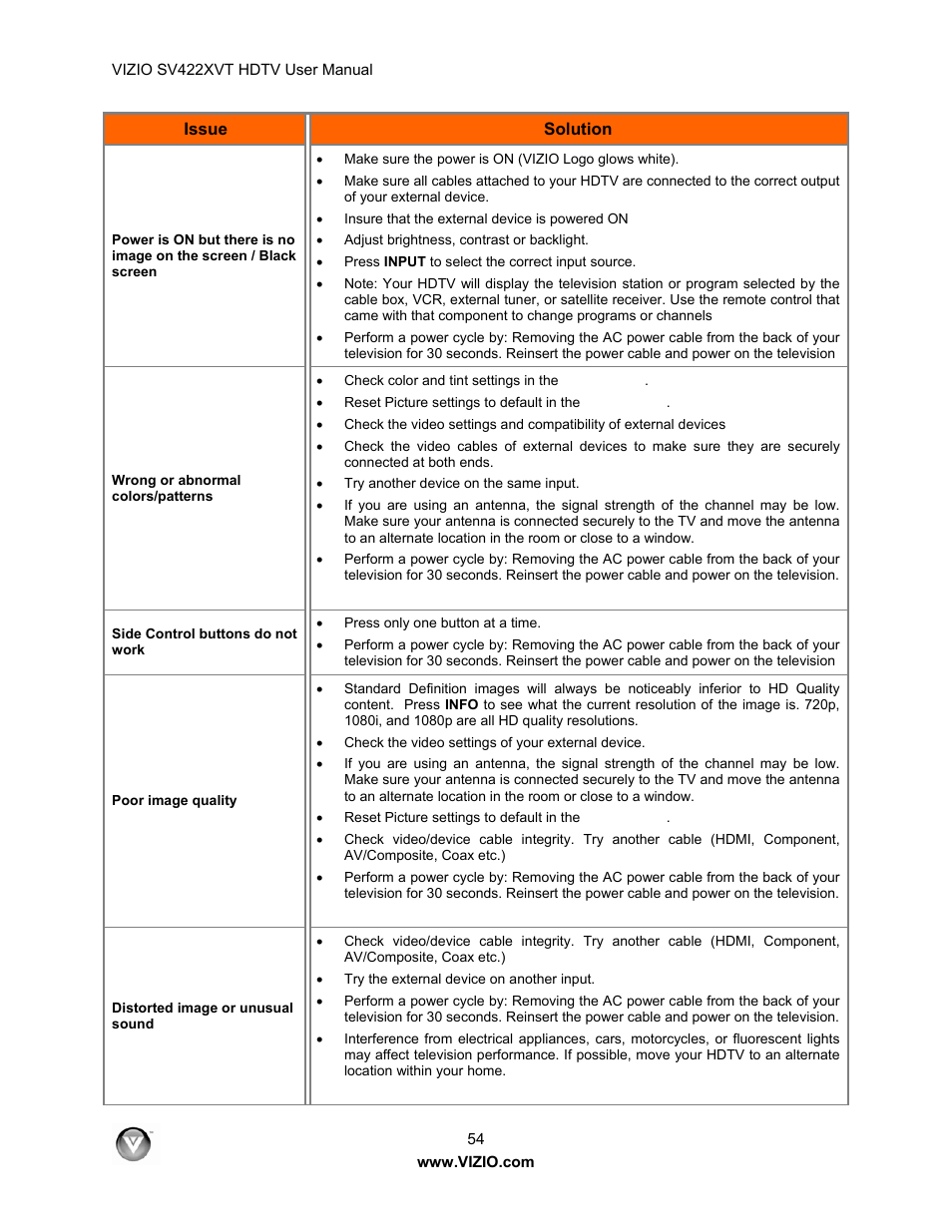 Vizio SV422XVT User Manual | Page 54 / 70