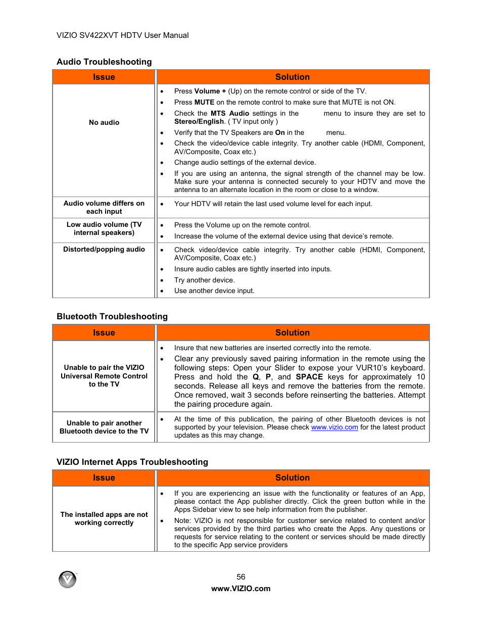 Audio troubleshooting, Bluetooth troubleshooting, Vizio internet apps troubleshooting | Vizio SV422XVT User Manual | Page 56 / 70