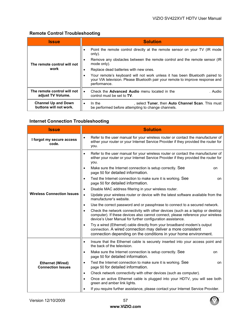 Remote control troubleshooting, Internet connection troubleshooting | Vizio SV422XVT User Manual | Page 57 / 70