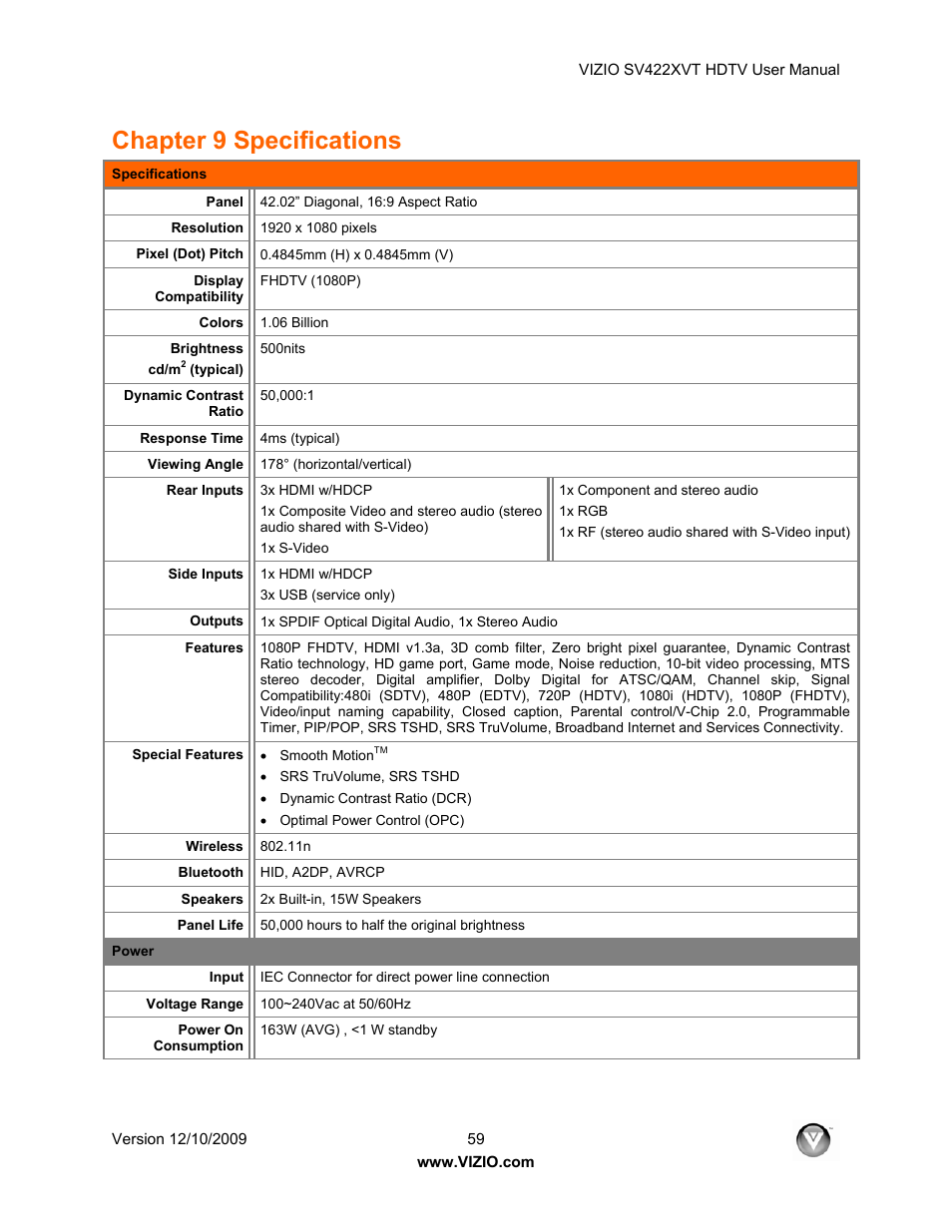 Chapter 9 specifications | Vizio SV422XVT User Manual | Page 59 / 70