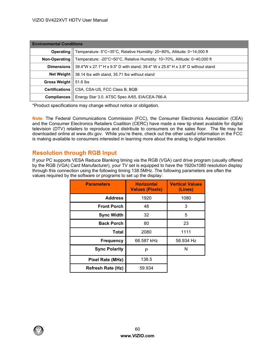 Resolution through rgb input | Vizio SV422XVT User Manual | Page 60 / 70