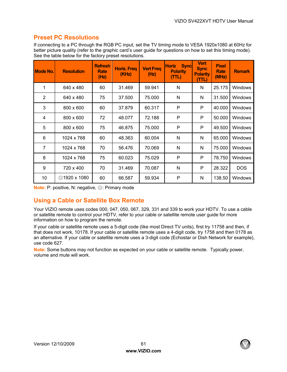 Preset pc resolutions, Using a cable or satellite box remote | Vizio SV422XVT User Manual | Page 61 / 70