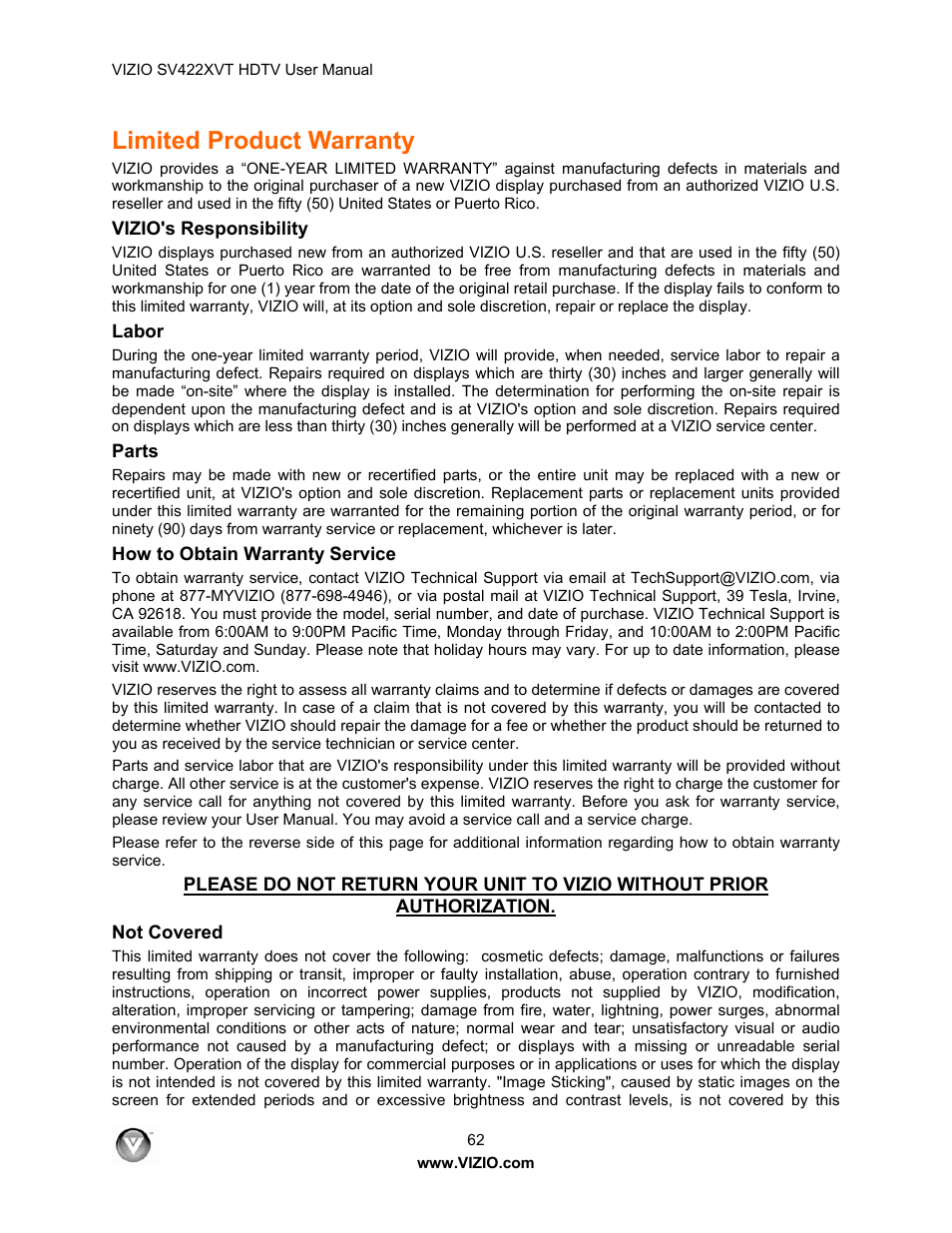 Limited product warranty | Vizio SV422XVT User Manual | Page 62 / 70