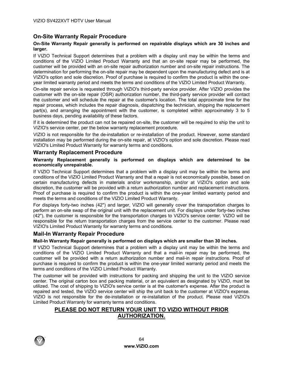 Vizio SV422XVT User Manual | Page 64 / 70