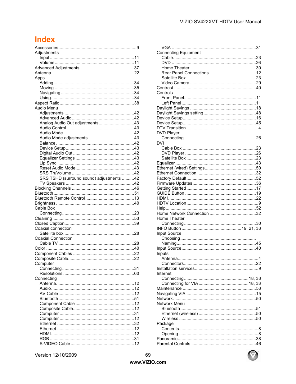 Index | Vizio SV422XVT User Manual | Page 69 / 70