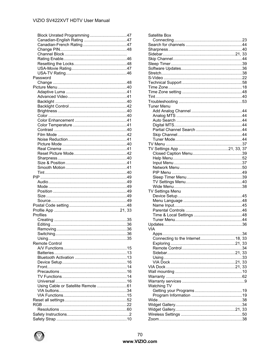 Vizio SV422XVT User Manual | Page 70 / 70