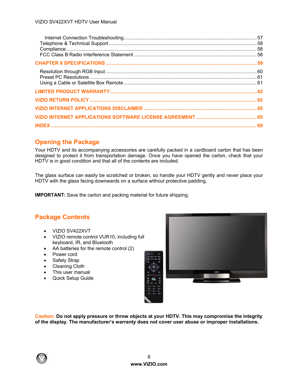 Opening the package, Package contents | Vizio SV422XVT User Manual | Page 8 / 70