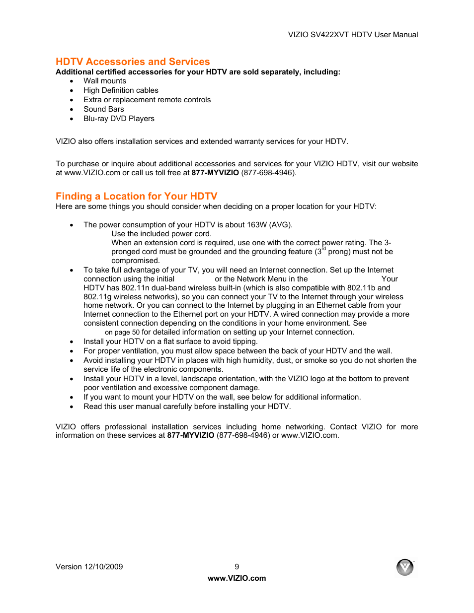 Finding a location for your hdtv, Hdtv accessories and services | Vizio SV422XVT User Manual | Page 9 / 70