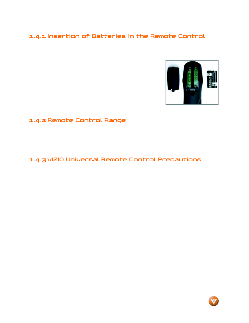 1 insertion of batteries in the remote control, 2 remote control range, 3 vizio universal remote control precautions | Vizio GV47L FHDTV20A User Manual | Page 17 / 78