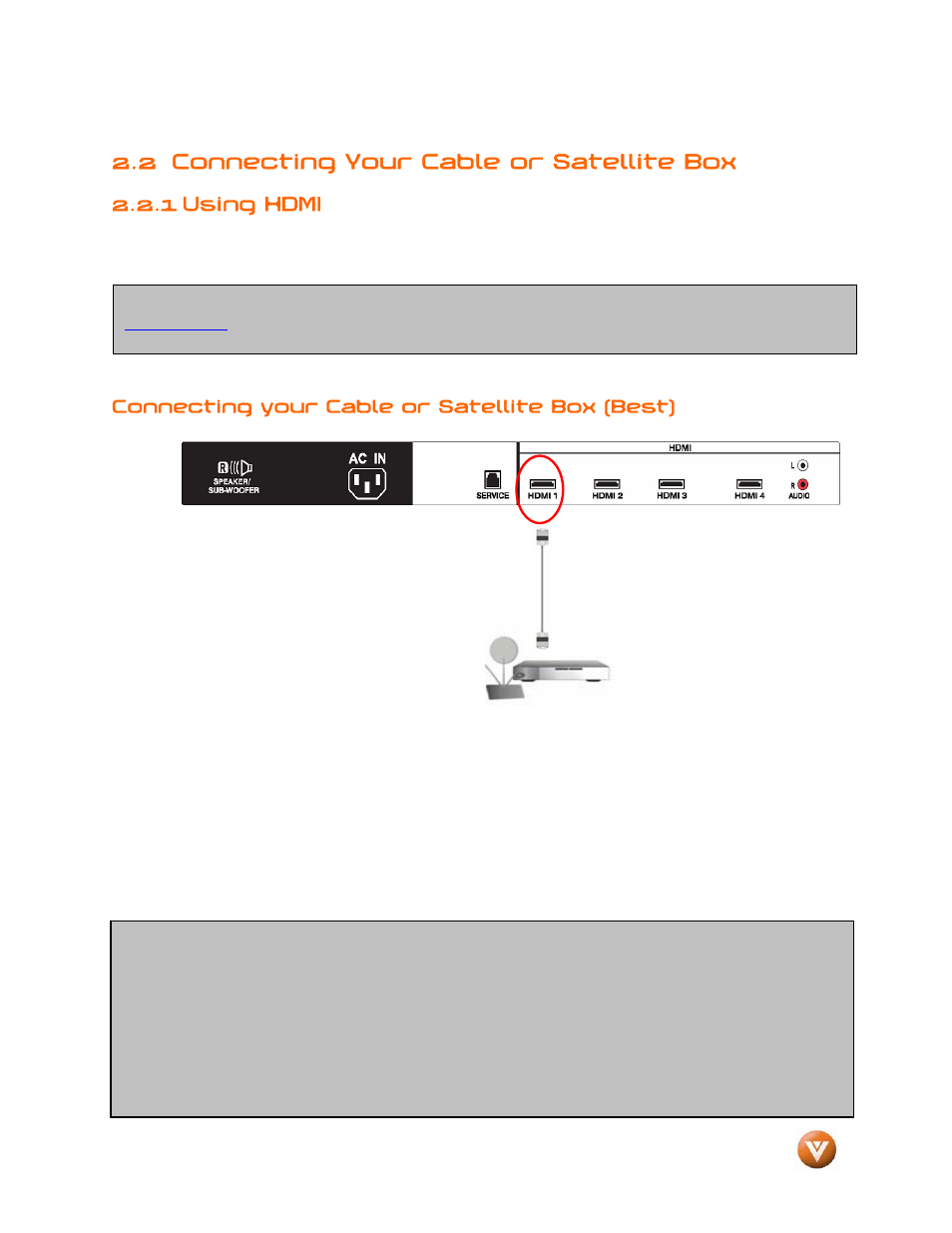 2 connecting your cable or satellite box, 1 using hdmi | Vizio GV47L FHDTV20A User Manual | Page 19 / 78