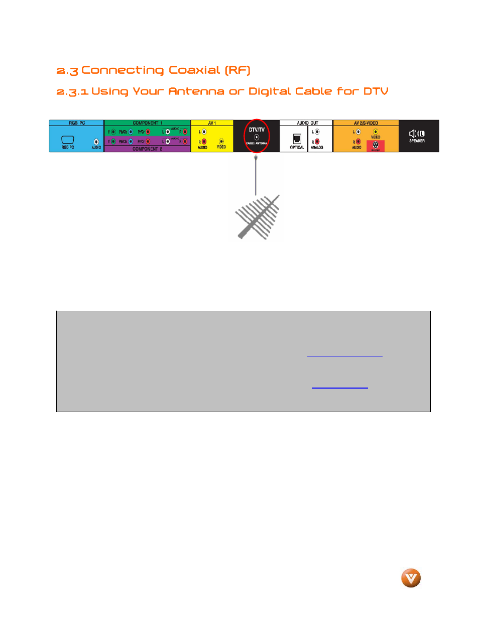 3 connecting coaxial (rf), 1 using your antenna or digital cable for dtv | Vizio GV47L FHDTV20A User Manual | Page 22 / 78