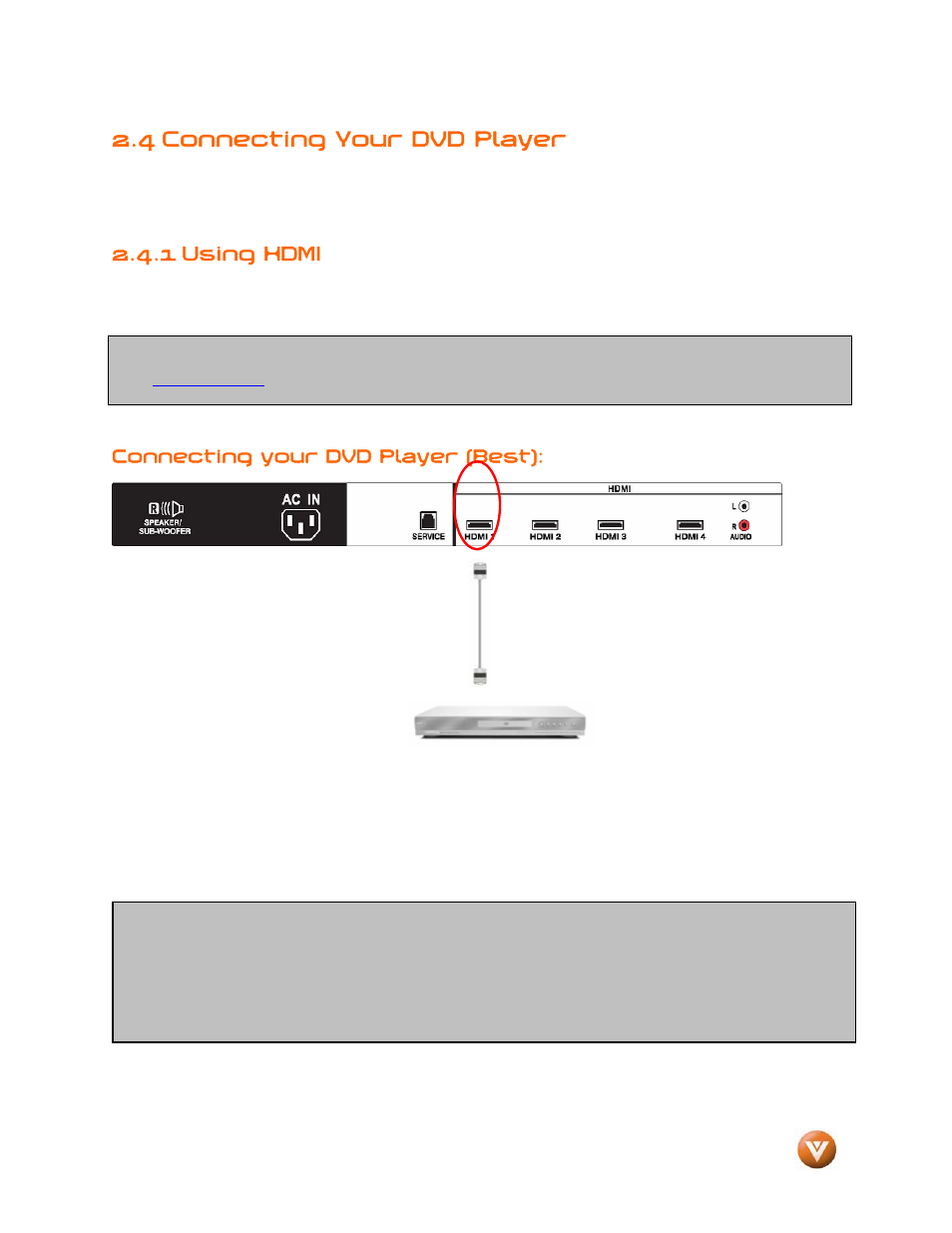 4 connecting your dvd player, 1 using hdmi | Vizio GV47L FHDTV20A User Manual | Page 24 / 78
