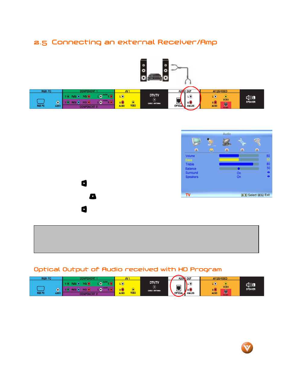 5 connecting an external receiver/amp | Vizio GV47L FHDTV20A User Manual | Page 30 / 78