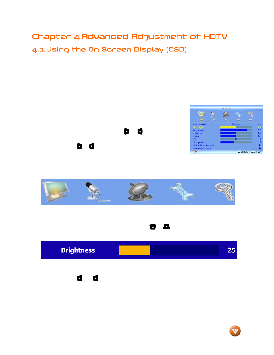 Chapter 4 advanced adjustment of hdtv, 1 using the on screen display (osd) | Vizio GV47L FHDTV20A User Manual | Page 38 / 78