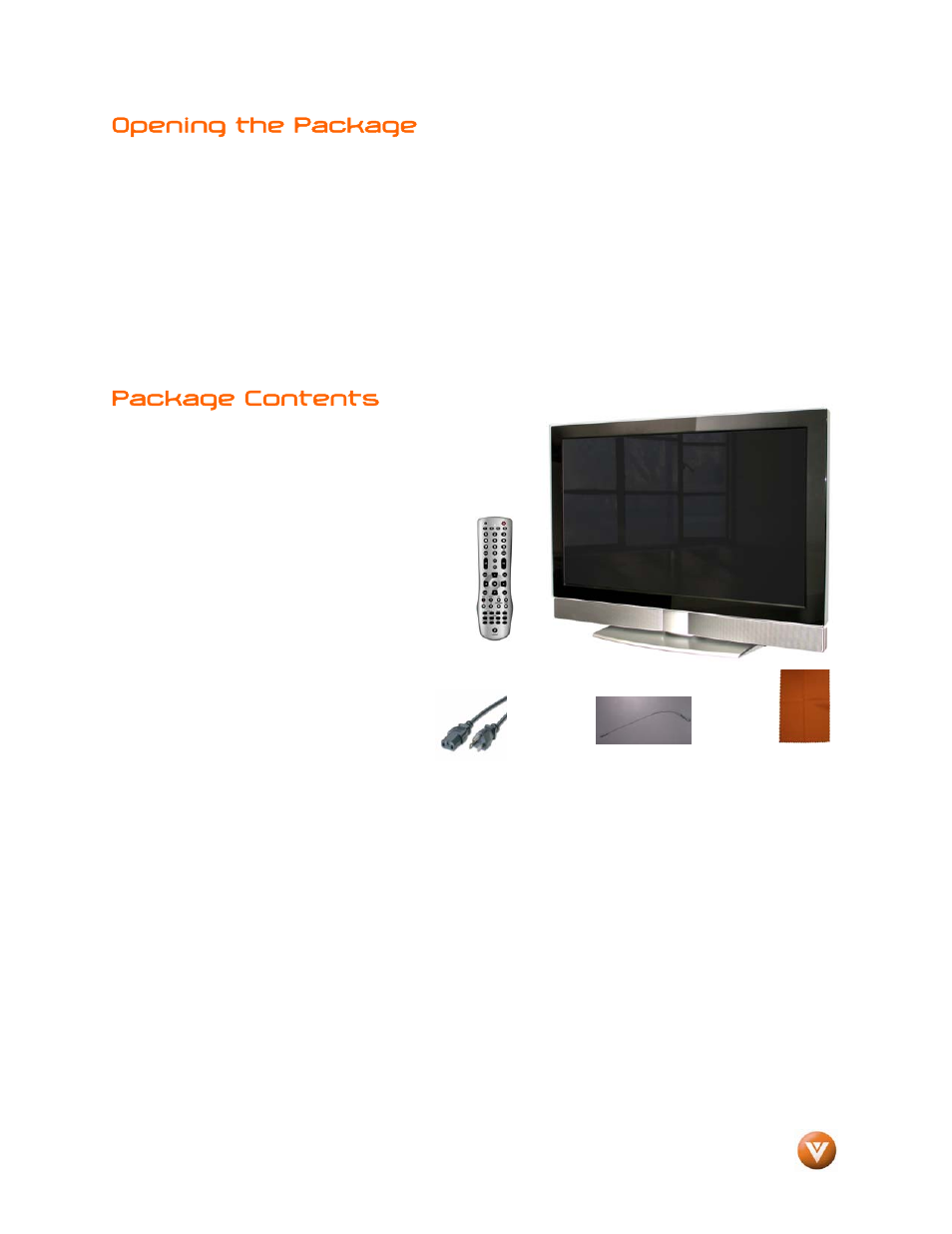 Opening the package, Package contents | Vizio GV47L FHDTV20A User Manual | Page 4 / 78