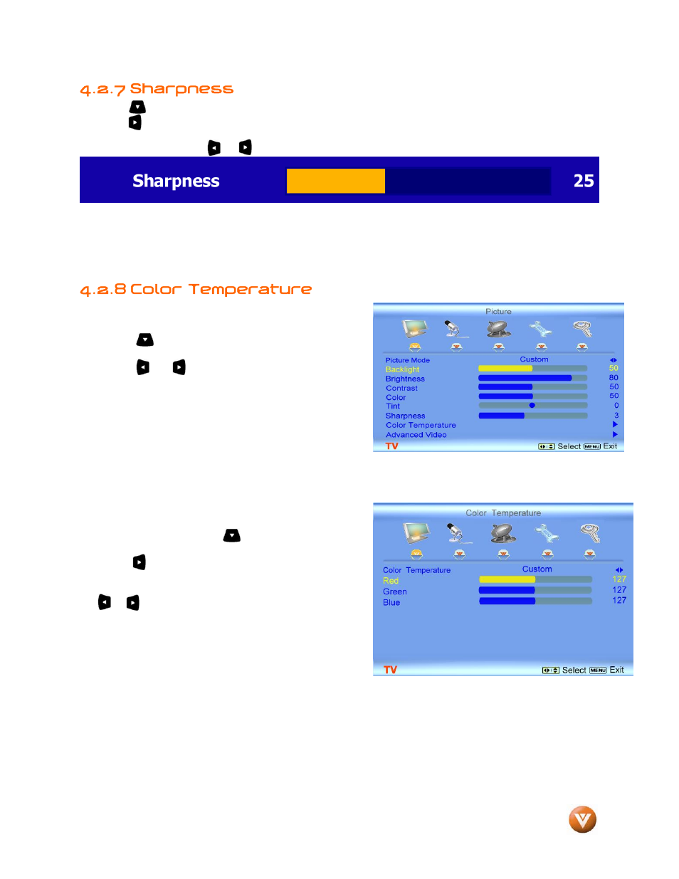 7 sharpness, 8 color temperature | Vizio GV47L FHDTV20A User Manual | Page 41 / 78