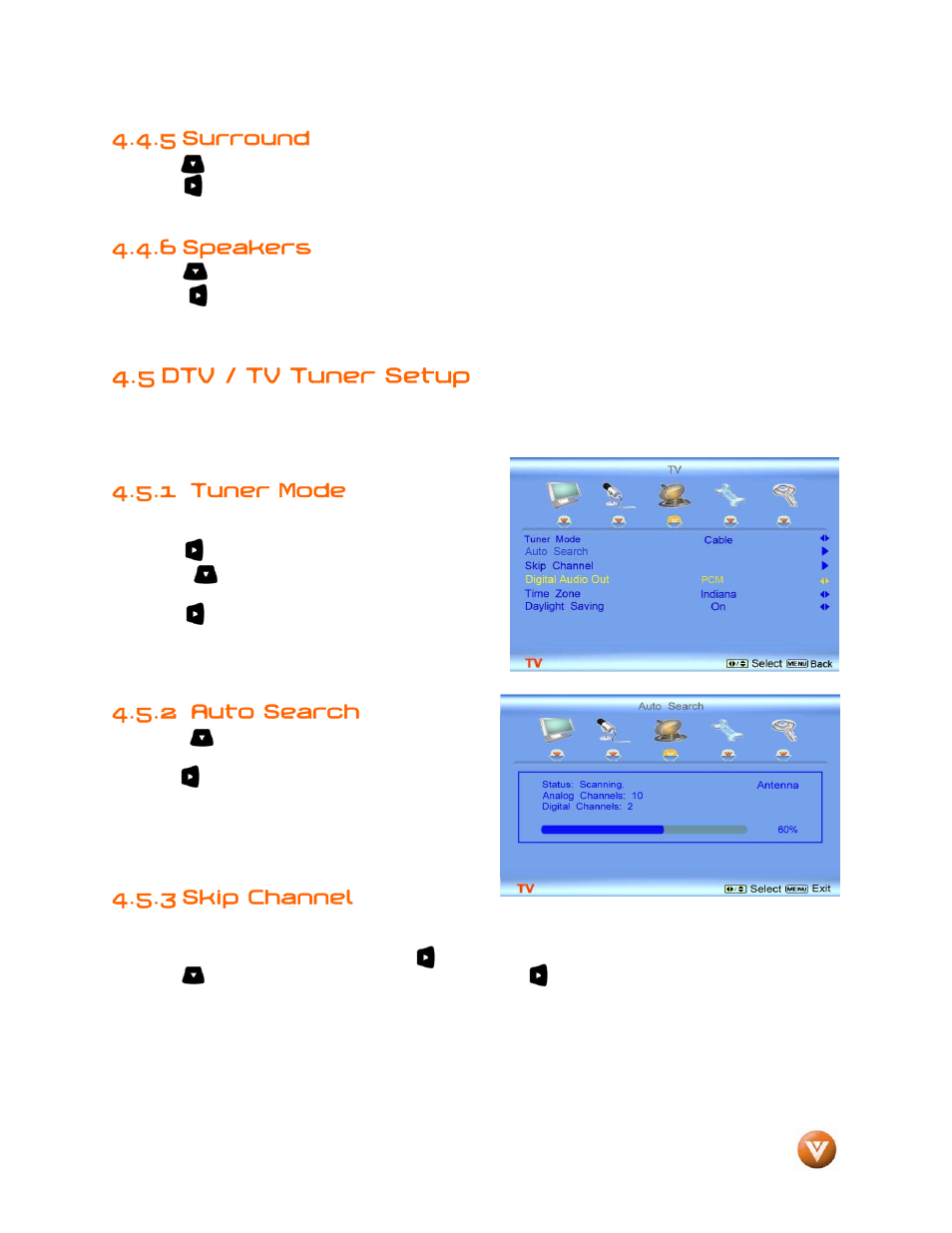 5 surround, Speakers, 5 dtv / tv tuner setup | 1 tuner mode, Auto search, 3 skip channel, 6 speakers, 2 auto search | Vizio GV47L FHDTV20A User Manual | Page 44 / 78