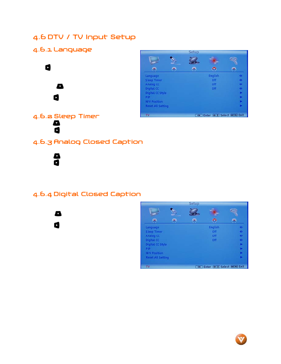 6 dtv / tv input setup, Language, Sleep timer | 3 analog closed caption, 4 digital closed caption, 1 language, 2 sleep timer | Vizio GV47L FHDTV20A User Manual | Page 46 / 78