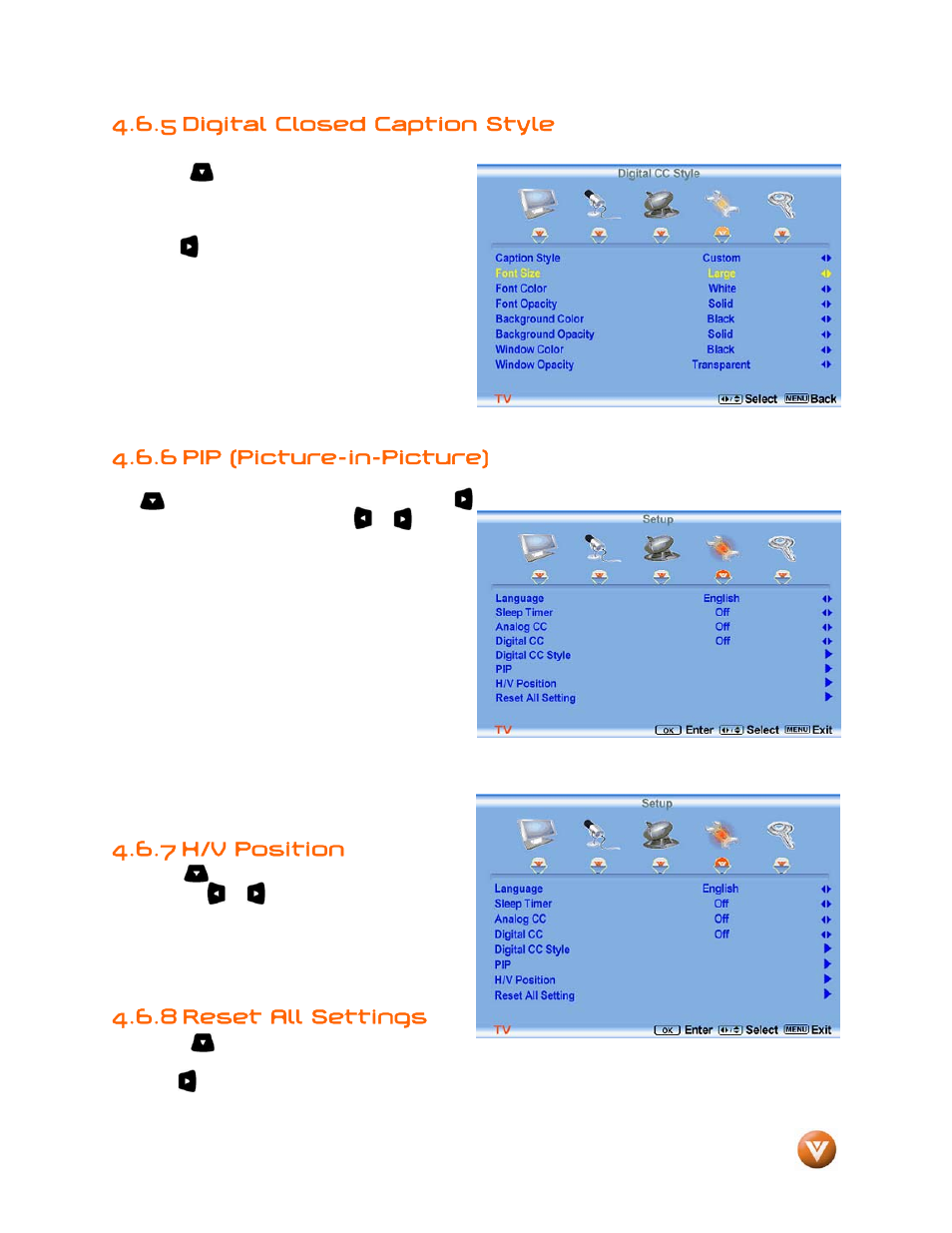 5 digital closed caption style, 6 pip (picture-in-picture), 7 h/v position | 8 reset all settings | Vizio GV47L FHDTV20A User Manual | Page 47 / 78