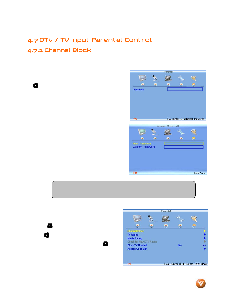 7 dtv / tv input parental control, 1 channel block | Vizio GV47L FHDTV20A User Manual | Page 48 / 78