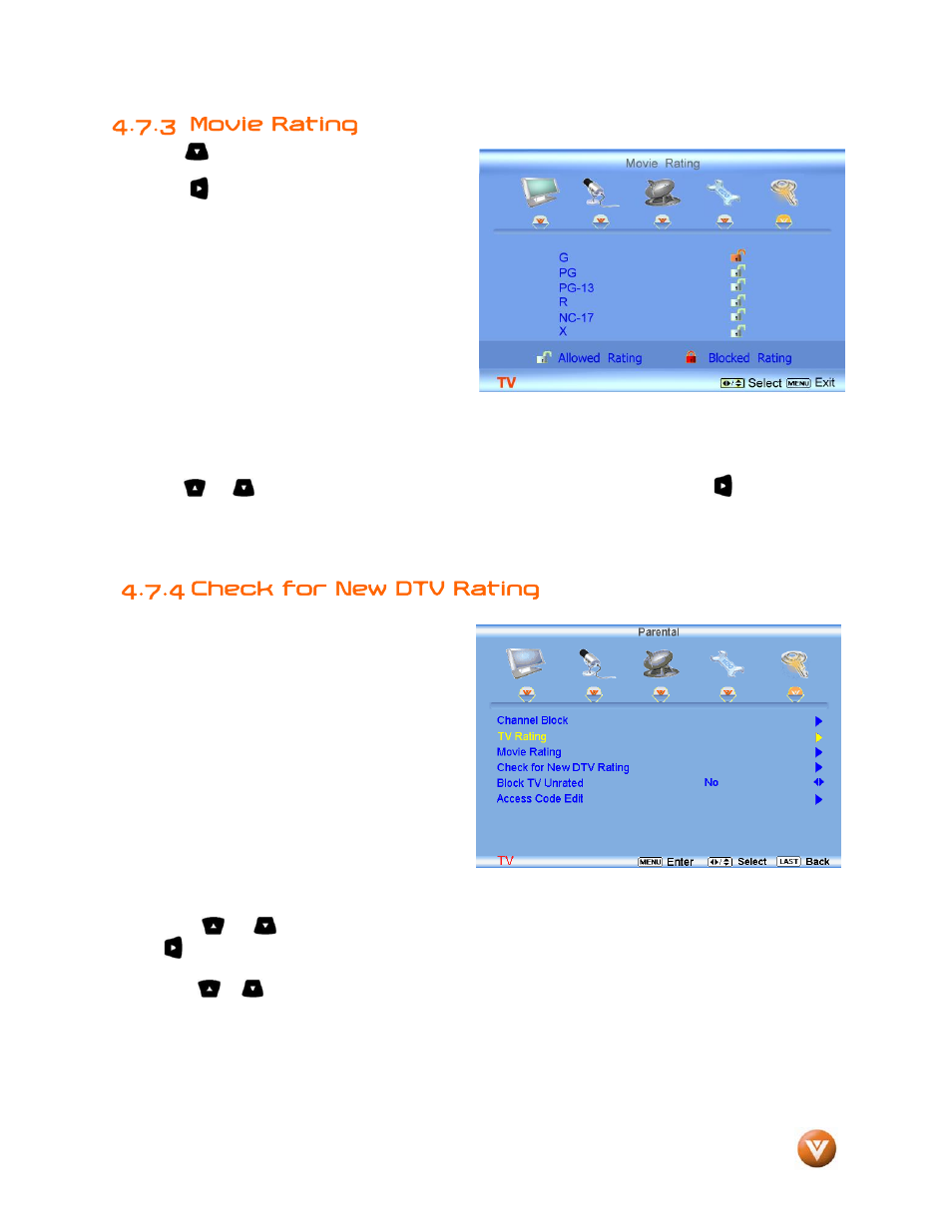 3 movie rating, 4 check for new dtv rating | Vizio GV47L FHDTV20A User Manual | Page 50 / 78