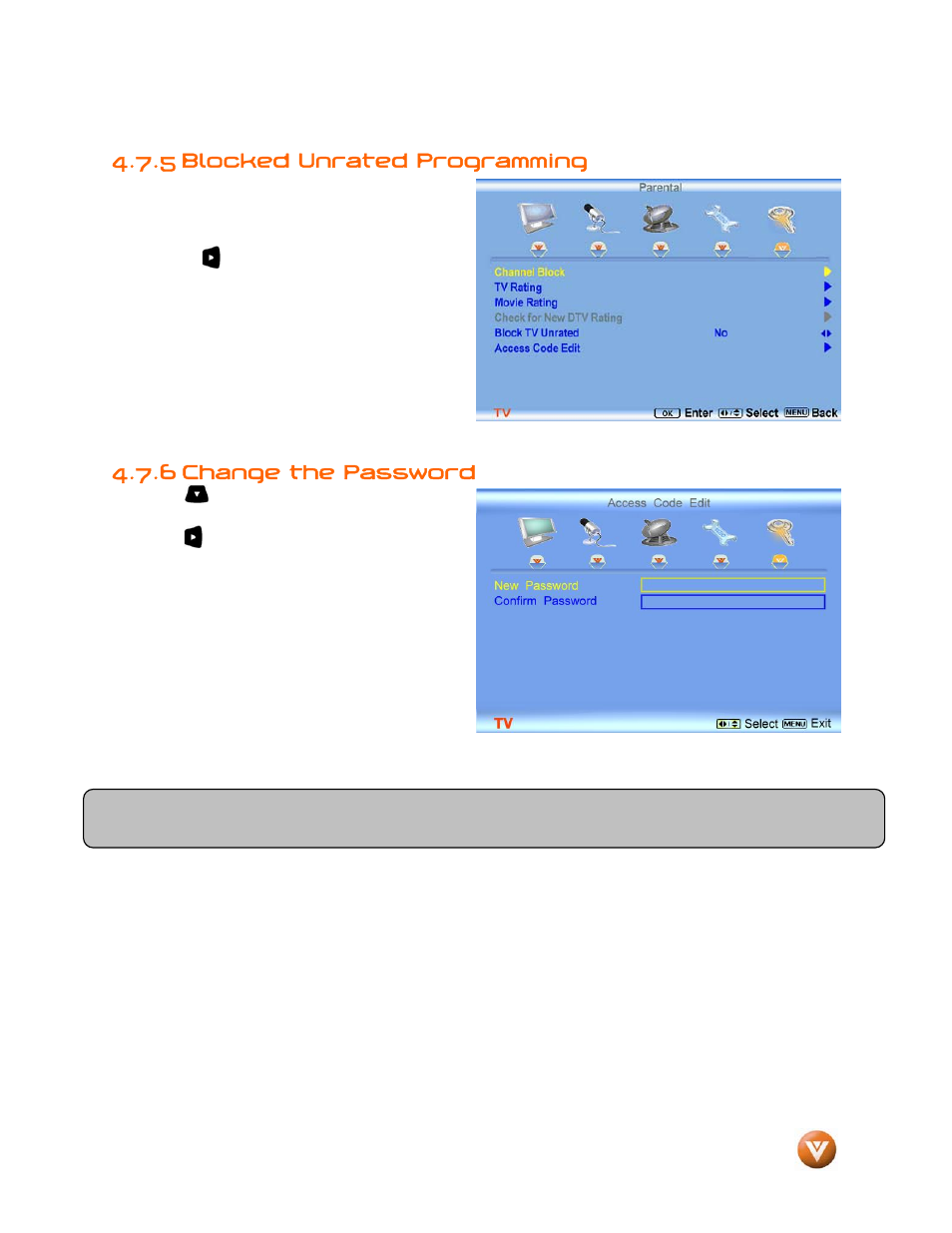 5 blocked unrated programming, Change the password, 6 change the password | Vizio GV47L FHDTV20A User Manual | Page 51 / 78